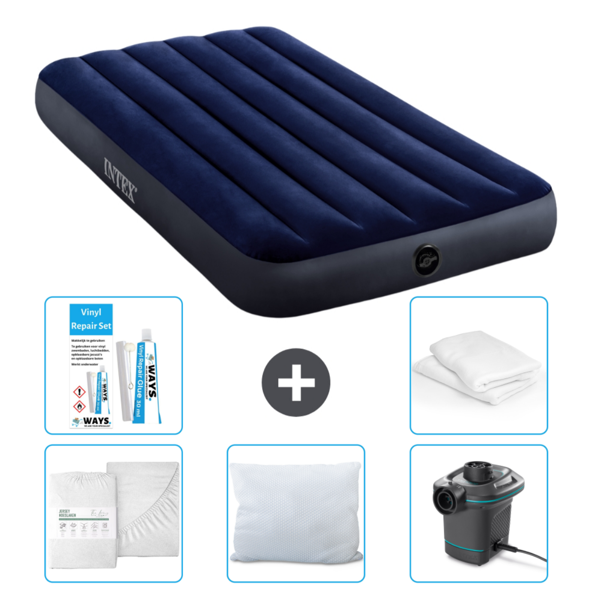 Matelas gonflable bleu marine, oreillers, ensemble de draps, pompe et kit de réparation. Le signe plus indique des éléments.