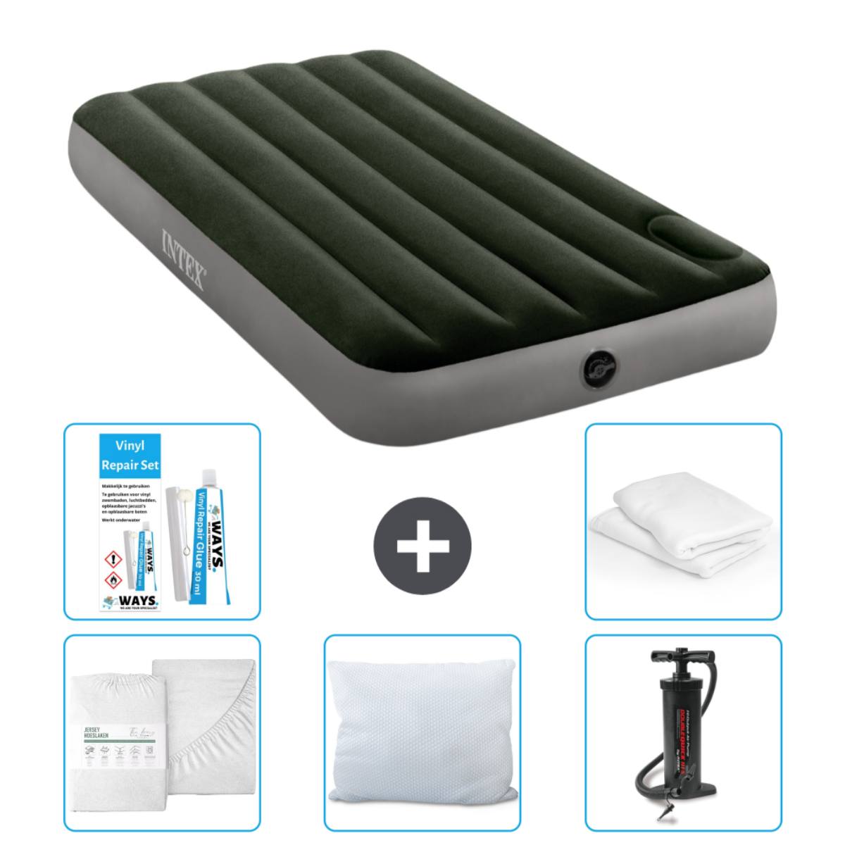 Groen luchtbed met grijze rand, plus lakens, kussen, pomp en reparatieset. Intex.