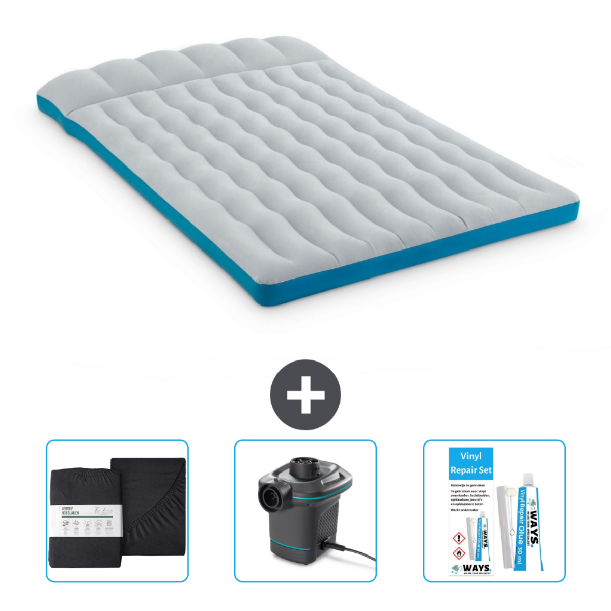 Grijs en blauw opblaasbed met pomp, lakens en reparatieset. Plus-teken geeft een set aan.