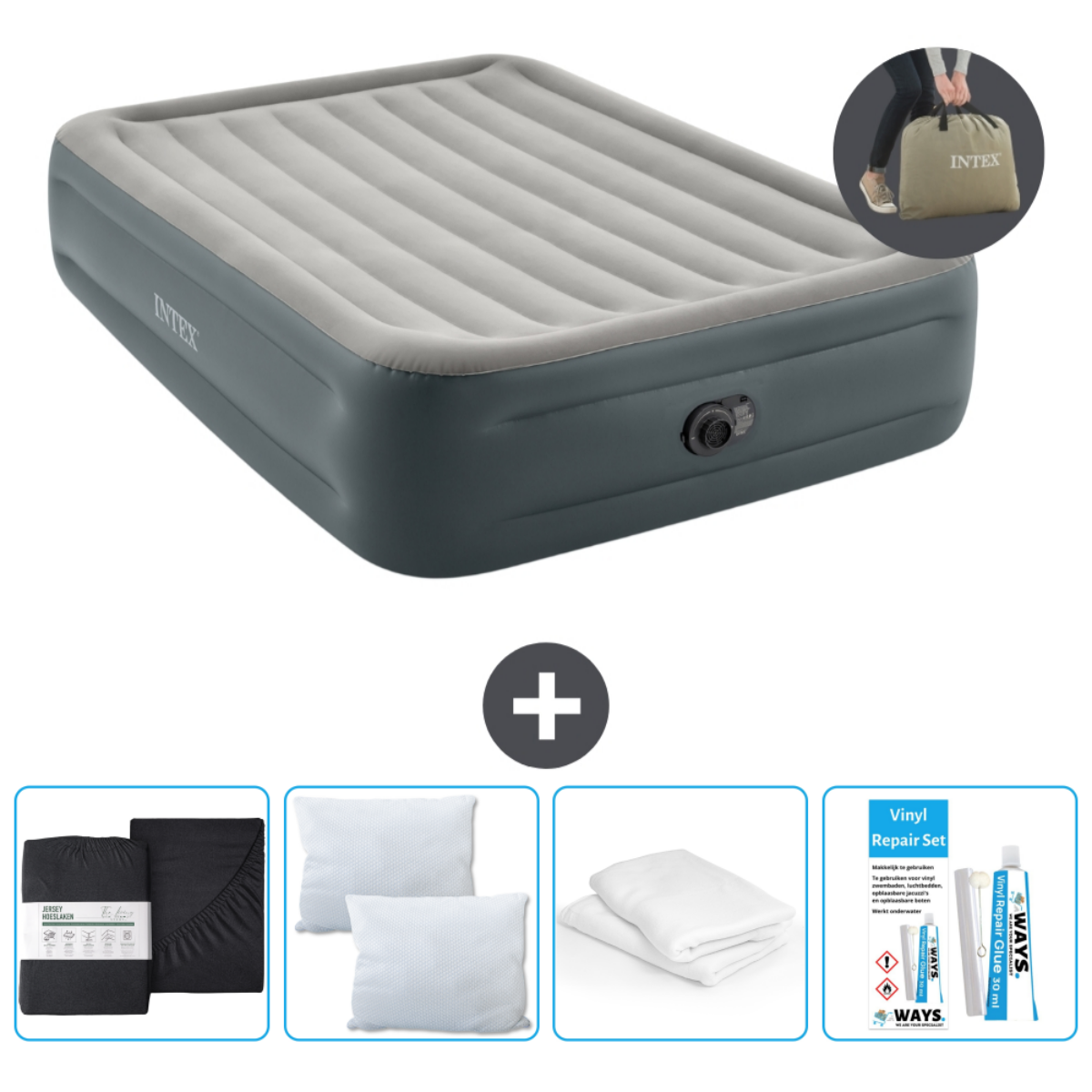 Un matelas gonflable avec des accessoires comme des draps, des oreillers et un kit de réparation. Une personne tient un sac.