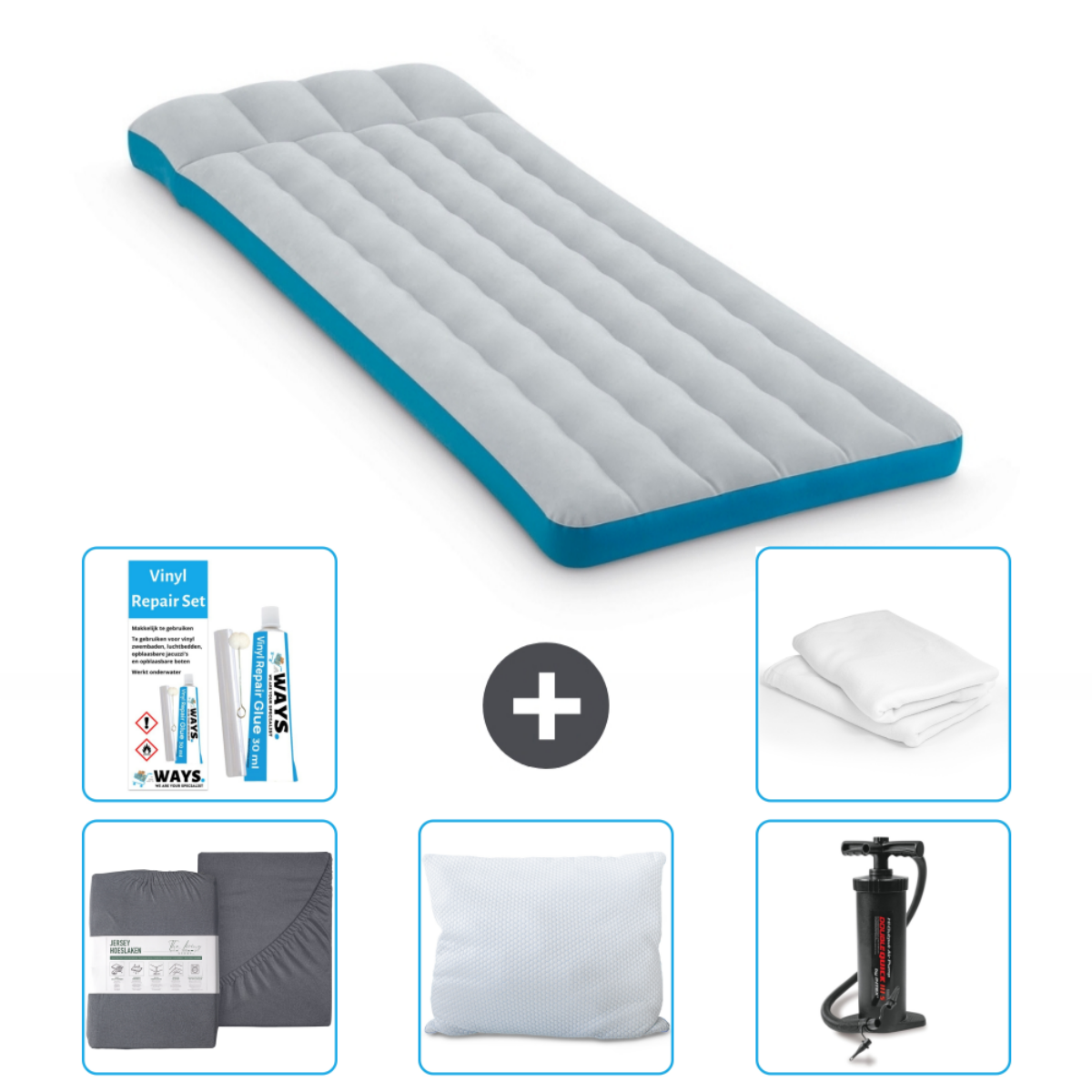 Grijs en blauw opblaasbed, met lakens, kussens, pomp en reparatieset. Plus-teken geeft een set aan.