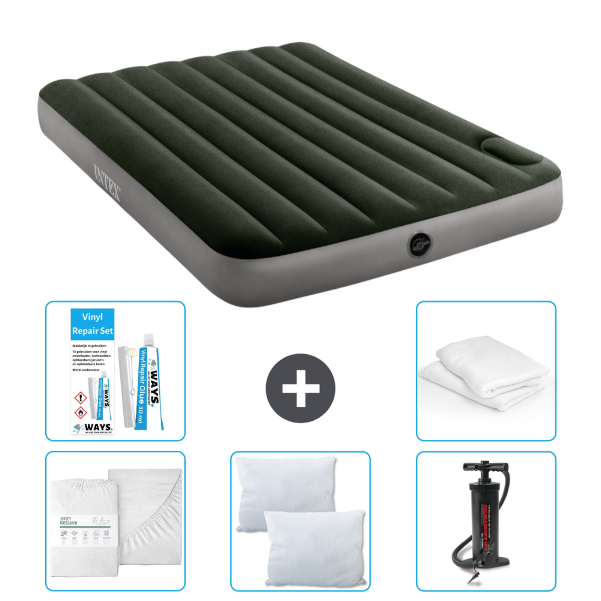 Matelas pneumatique vert foncé avec draps, oreillers, pompe et kit de réparation. Fond blanc.