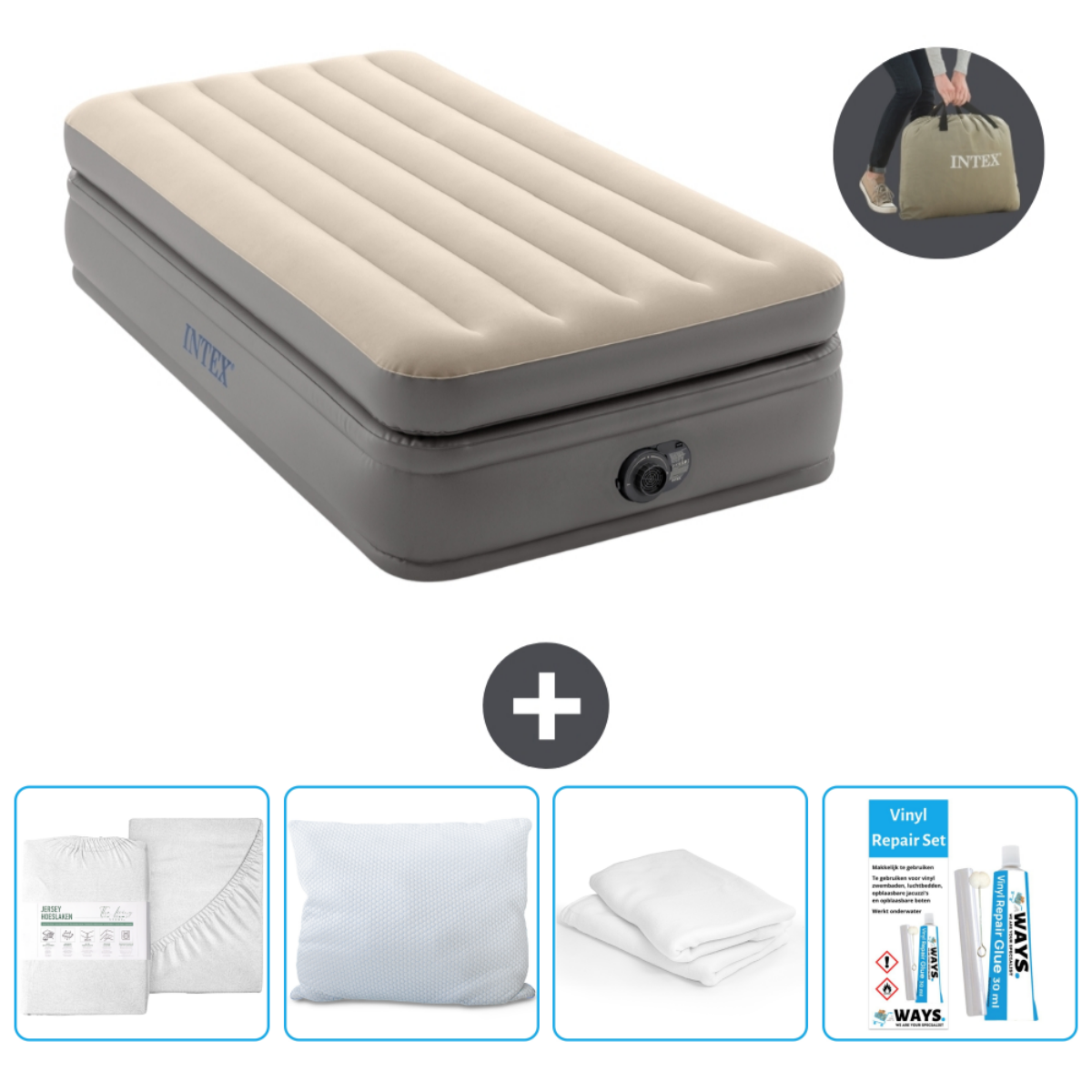 Beige Intex luchtbed met accessoires: lakens, kussen, reparatieset en draagtas.