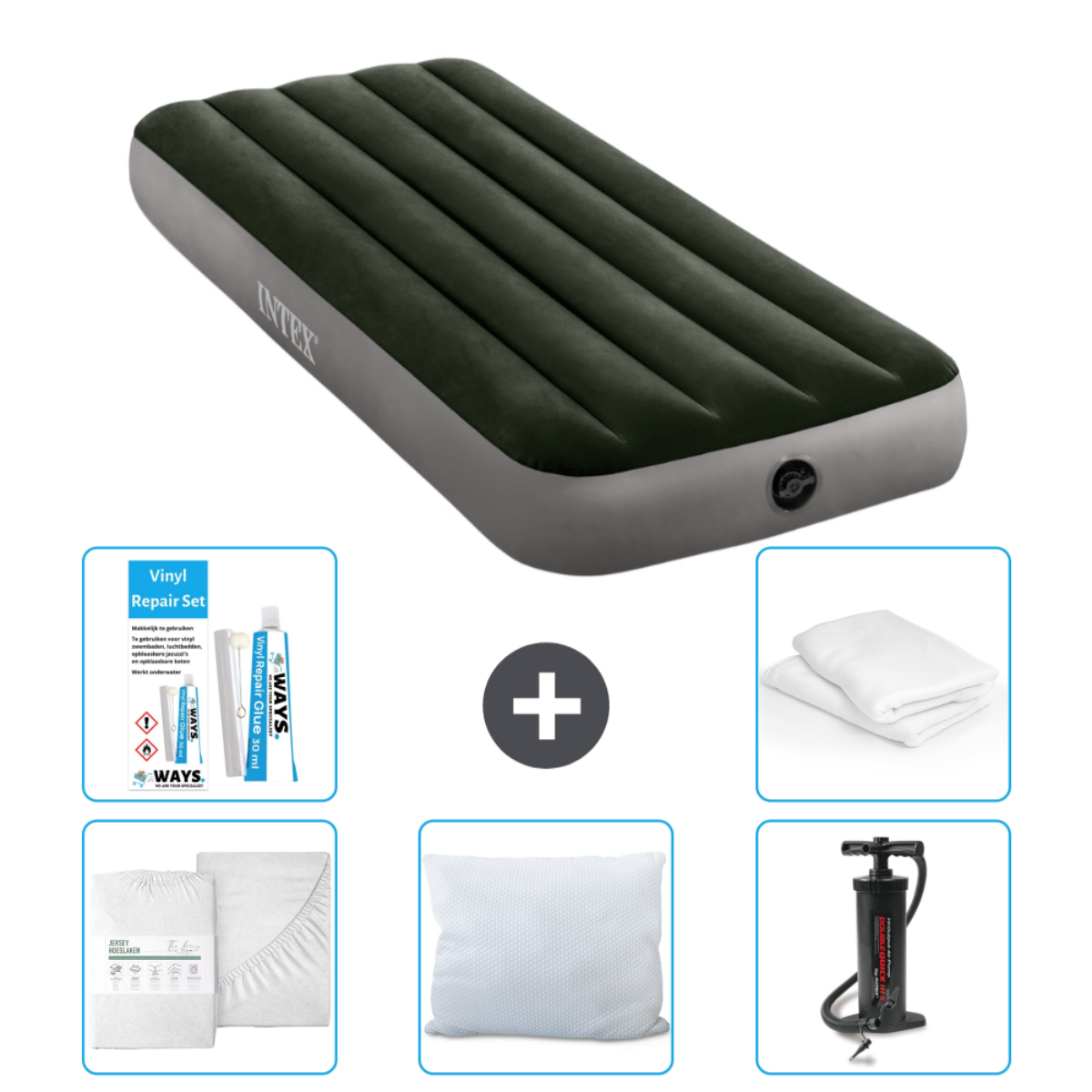Donkergroen luchtbed met accessoires, waaronder reparatieset en lakens.