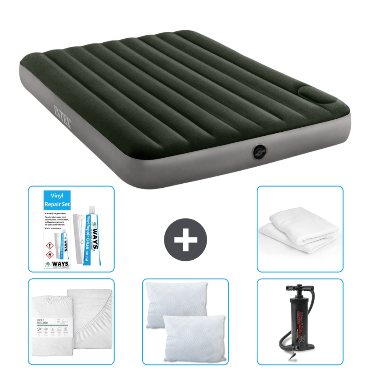 Matelas gonflable vert foncé avec accessoires : kit de réparation, draps, oreiller et pompe.