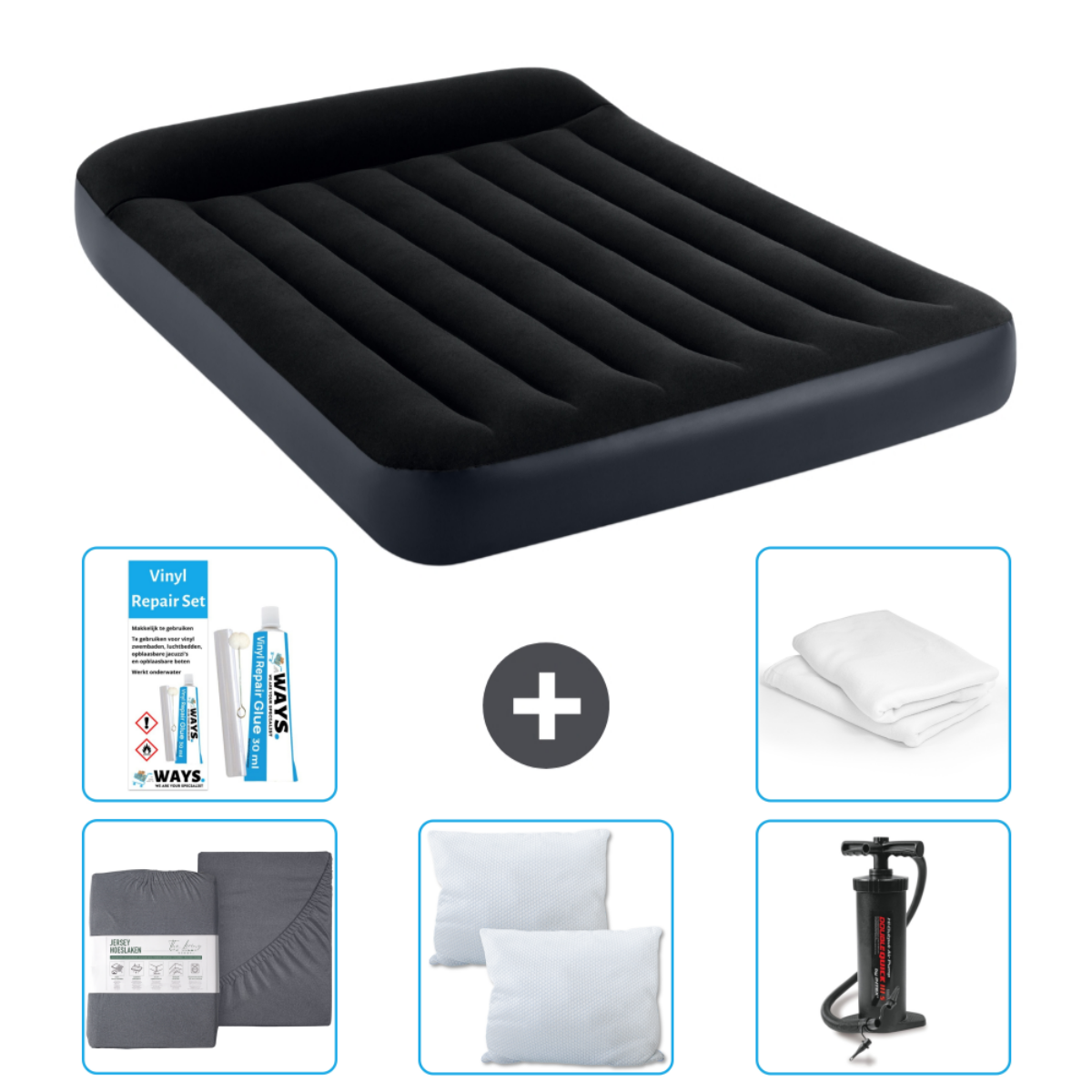 Matelas gonflable noir avec accessoires : draps, kit de réparation, oreiller et une pompe.