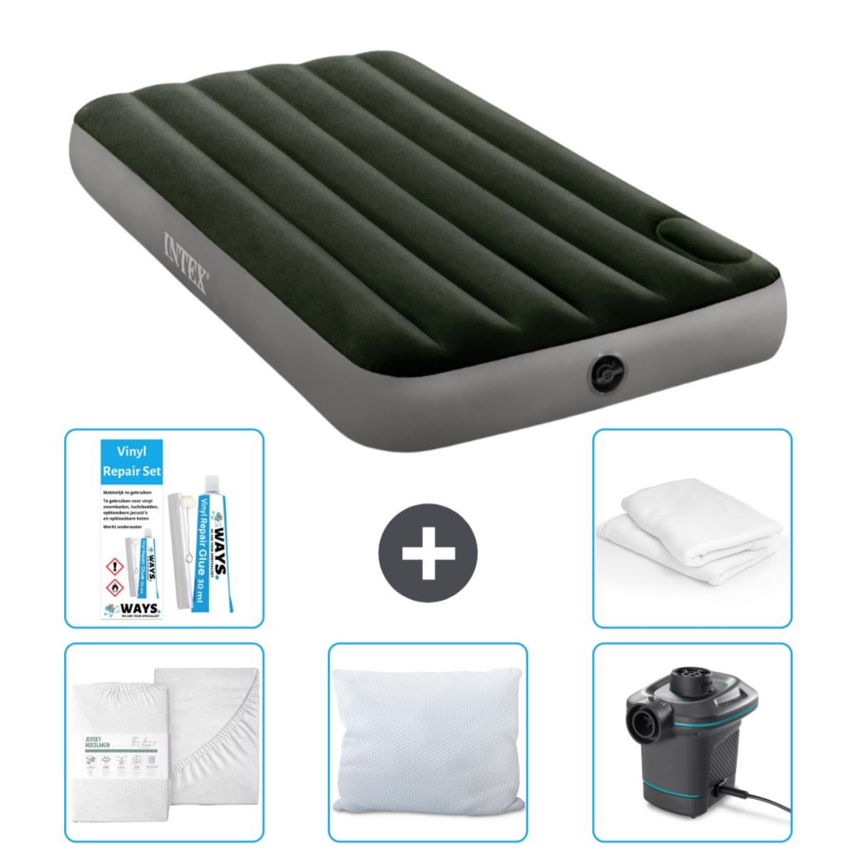 Matelas pneumatique vert foncé avec draps, oreiller, pompe et kit de réparation. Fond blanc.