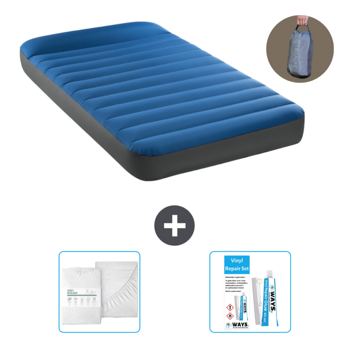 Blauw luchtbed met lakenset, reparatieset en draagtas op een witte achtergrond.