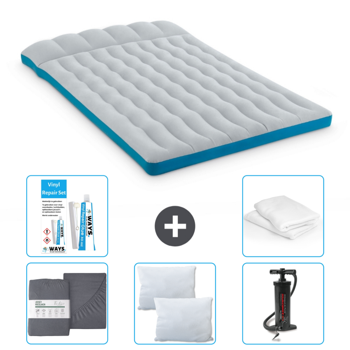 Grijs en blauw luchtbed met accessoires: pomp, lakenset, kussens en vinylreparatieset.