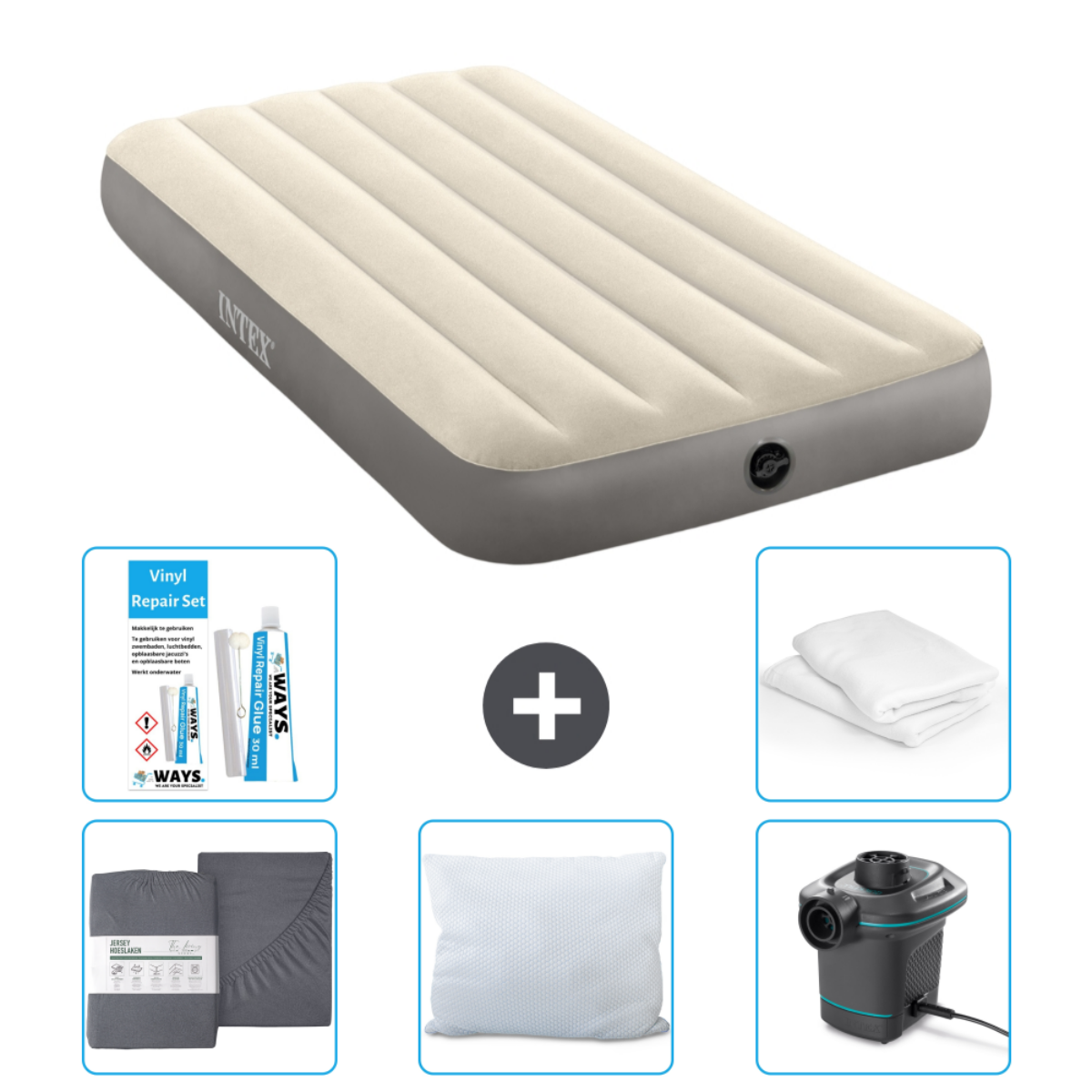 Beige opblaasbare luchtmatras met accessoires. Inclusief pomp, reparatieset, lakens, kussen en elektrische pomp.