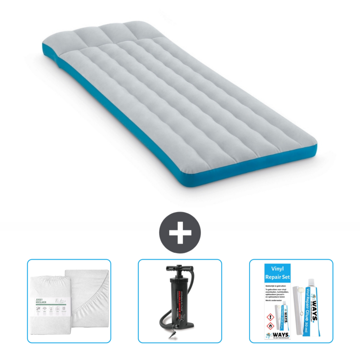 Grijze opblaasbare matras met blauwe rand. Lakenset, pomp en reparatieset worden ook weergegeven.