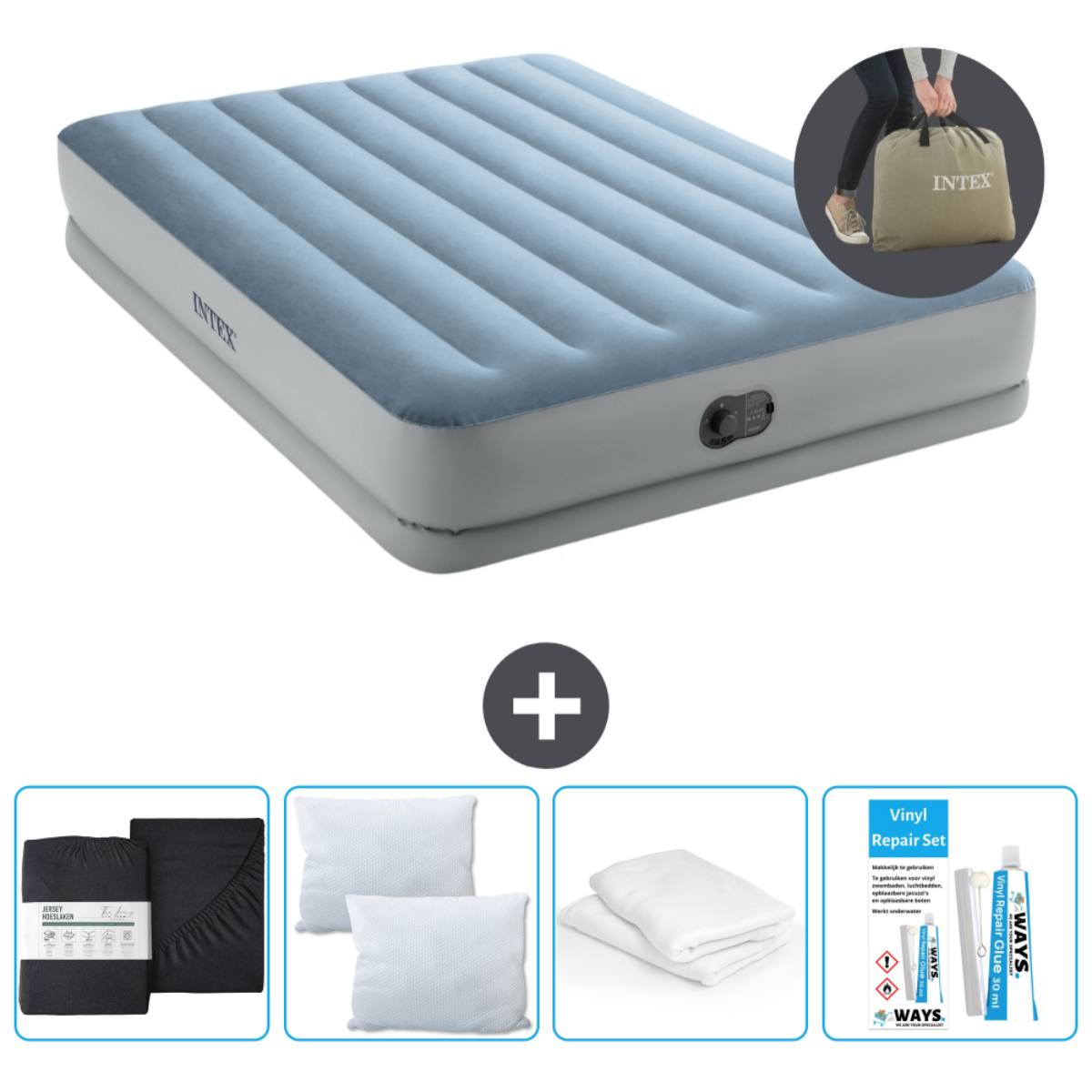 Blauw en grijze Intex luchtmatras met kussens, lakens en een reparatieset.