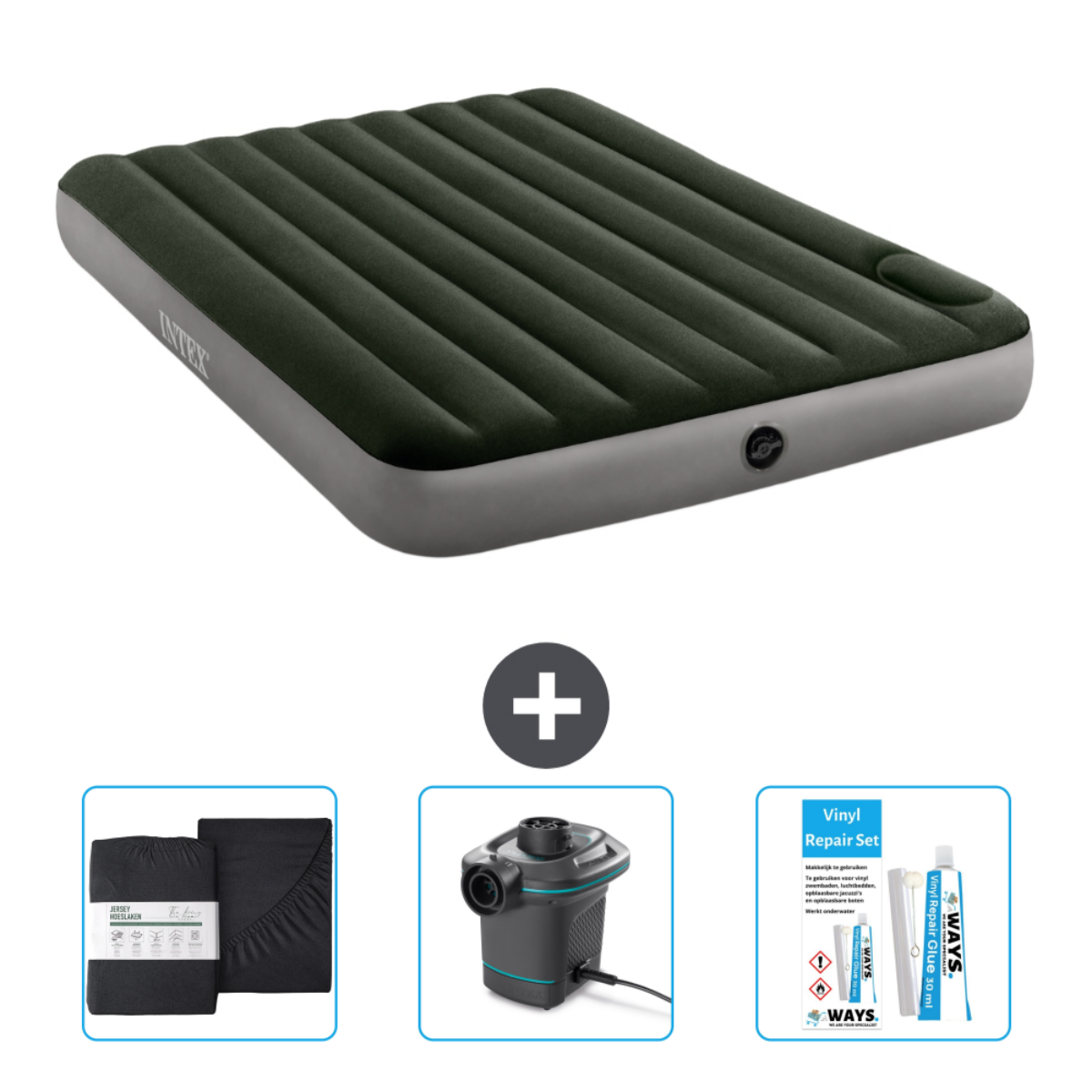 Matelas gonflable vert foncé, pompe, kit de réparation et draps noirs. Le tout sur fond blanc.
