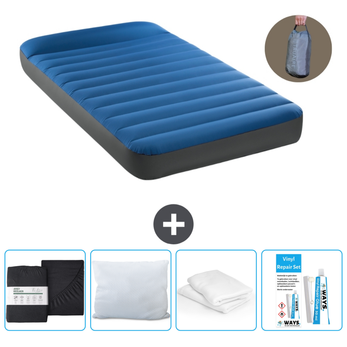Blauw opblaasbaar luchtbed, lakens, kussen en reparatieset. Een persoon draagt een tas.