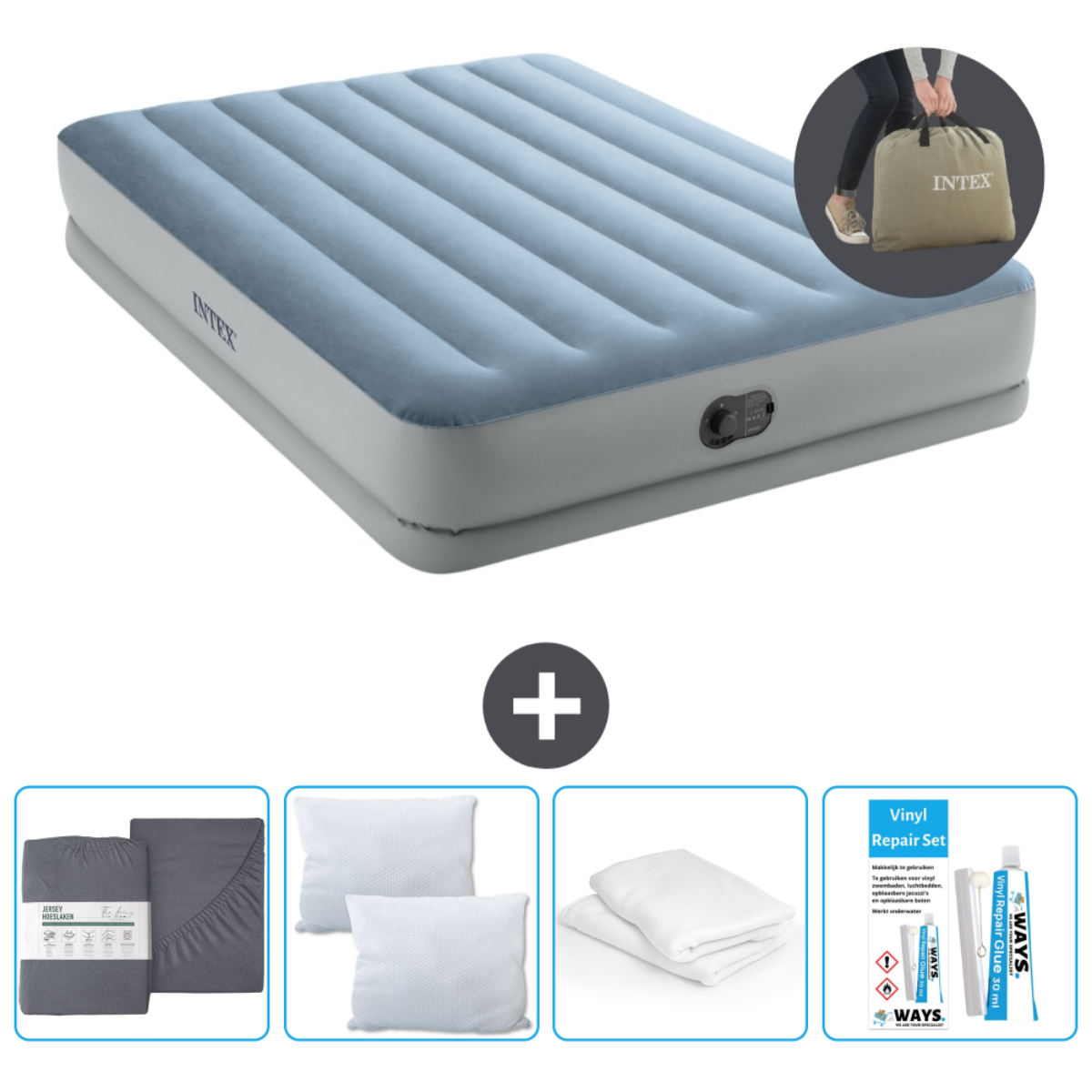 Blauwe opblaasbare matras met accessoires: lakens, kussens, reparatieset en draagtas.