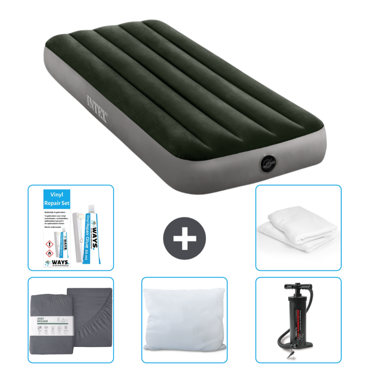 Matelas pneumatique vert foncé avec accessoires. Comprend pompe, kit de réparation, draps, oreiller et pompe manuelle.