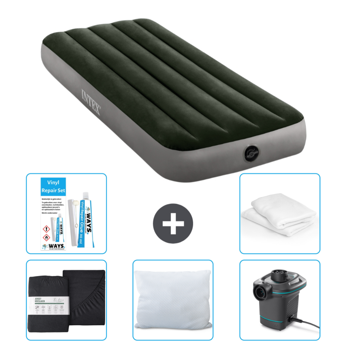 Opblaasmatras, reparatieset, pomp, kussens en beddengoedset. Donkergroen matras met grijze basis.