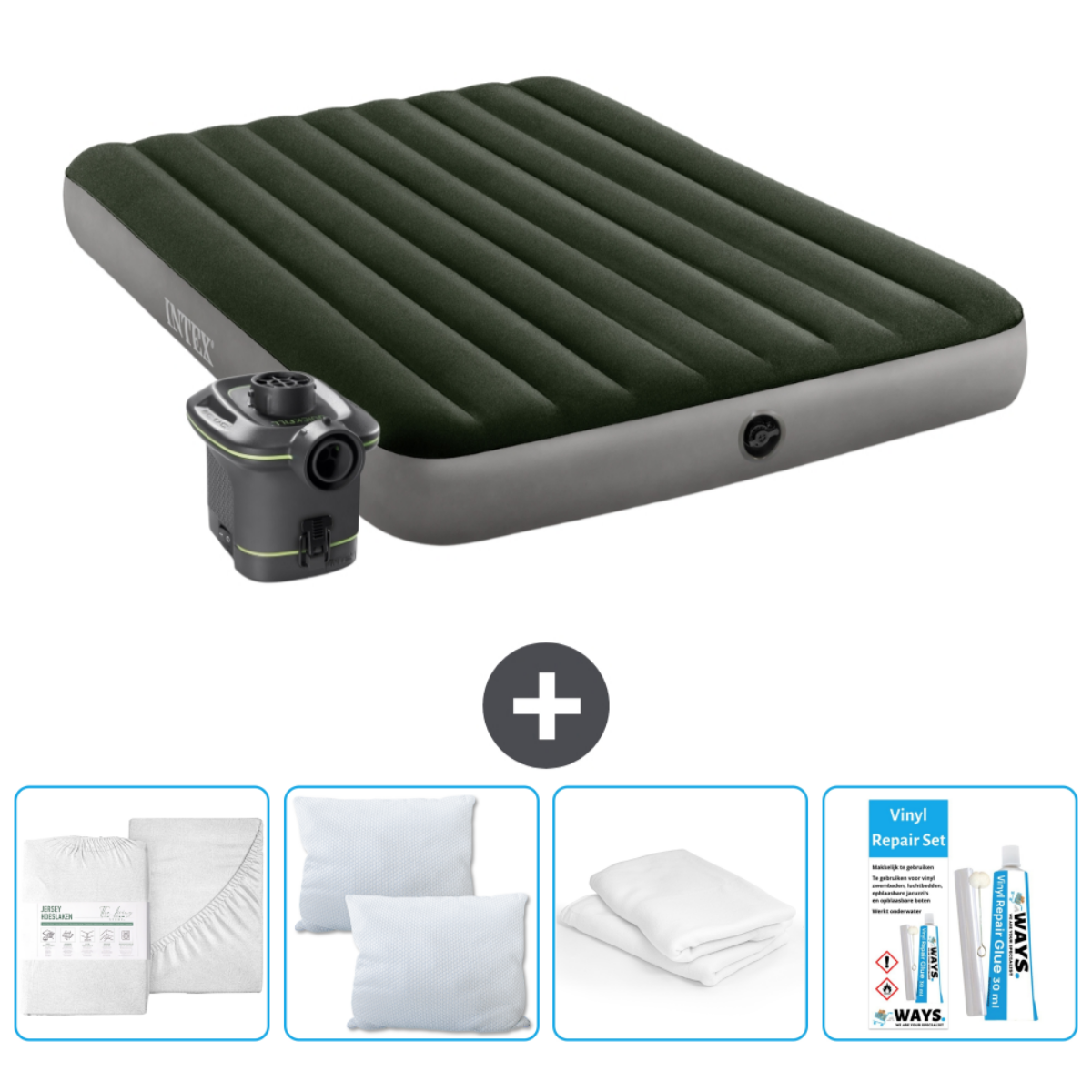 Lit gonflable vert foncé avec pompe électrique, literie, oreillers et kit de réparation.
