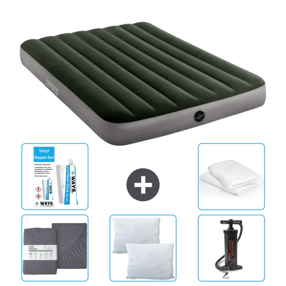 Opblaasmatras, reparatieset, pomp, kussens en beddengoedset. Donkergroen matras met grijze basis.