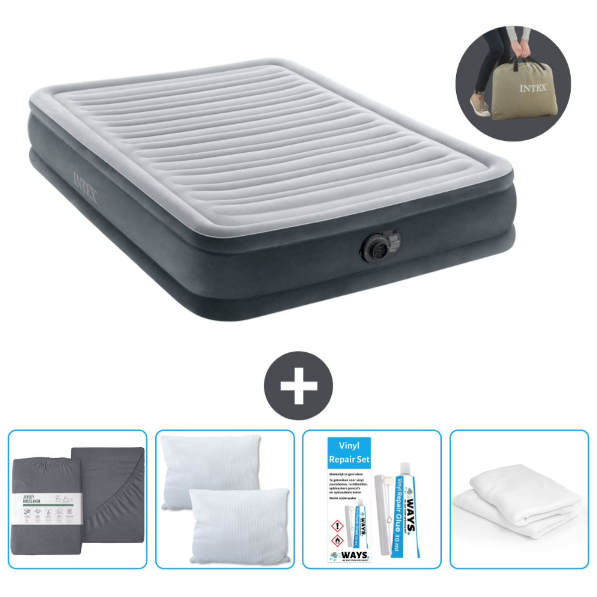 Grijs en wit opblaasbaar matras met lakenset, kussens, reparatieset en tas. Wit.