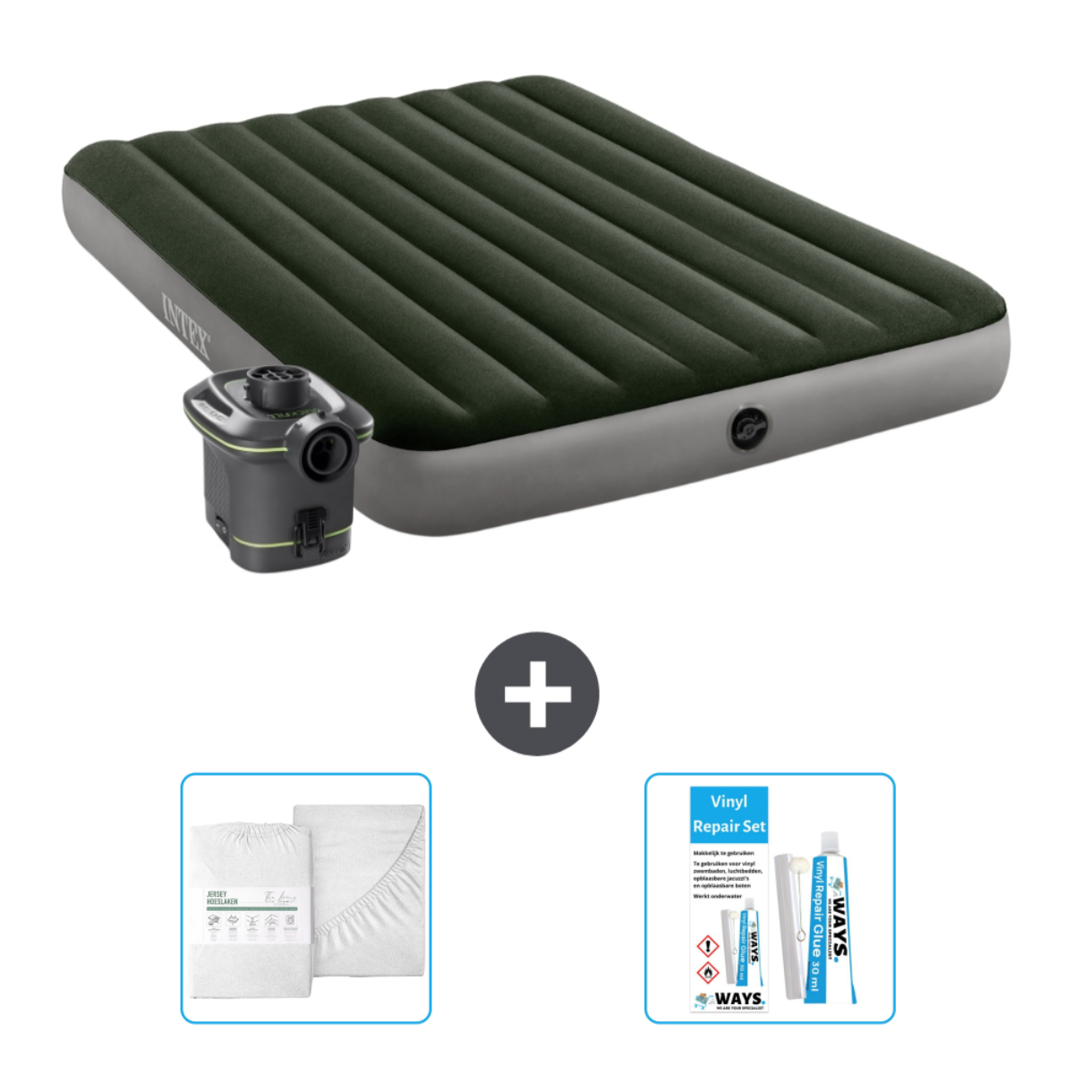 Matelas gonflable vert foncé avec accessoires : kit de réparation, draps, oreiller et pompe.