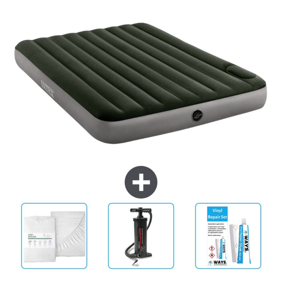 Donkergroene opblaasbare matras, lakenset, pomp en reparatieset. Plus teken geeft extra items aan.