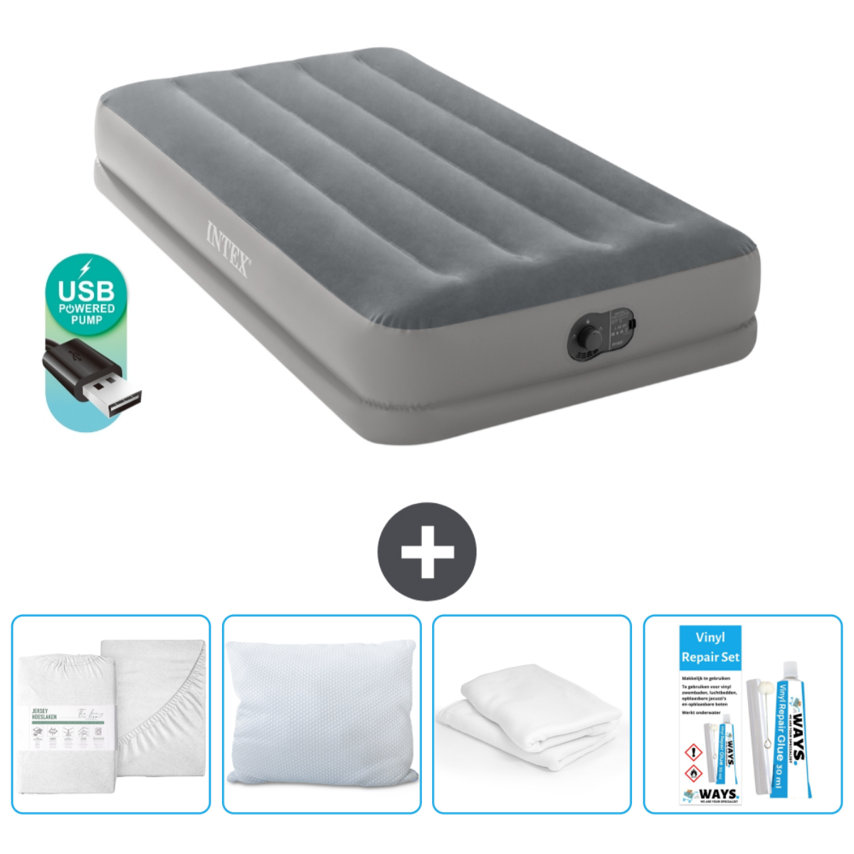 Matelas gonflable gris avec ensemble de draps, oreiller, kit de réparation et pompe USB.