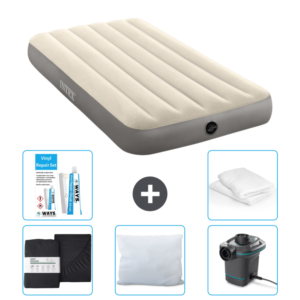 Matelas gonflable beige avec accessoires, dont pompe électrique, oreiller, ensemble de draps et kit de réparation.