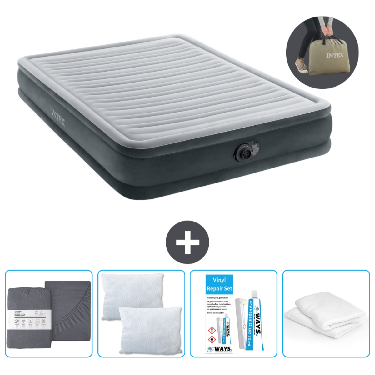 Matelas gonflable gris et blanc avec ensemble de draps, oreillers, kit, et sac. Blanc.