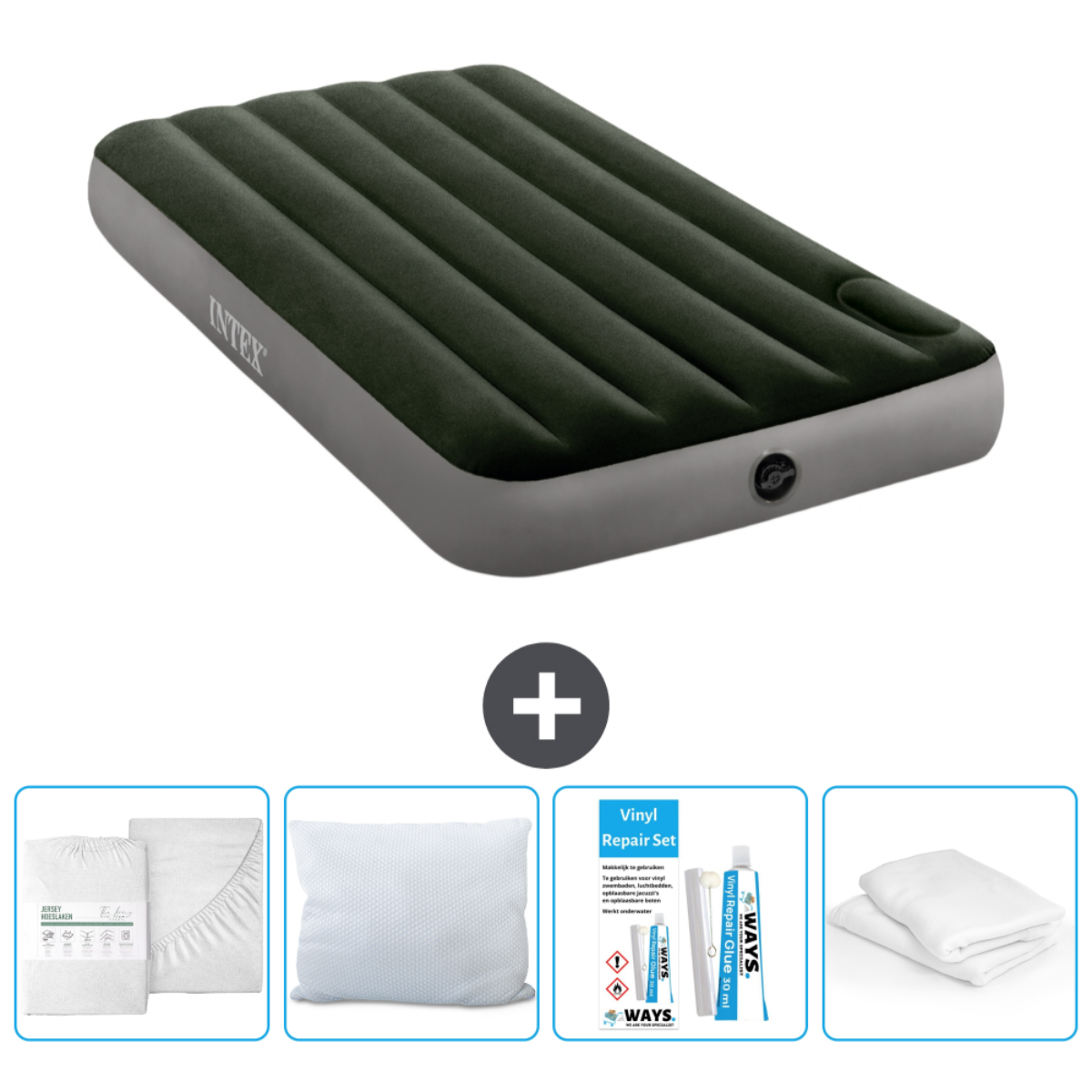 Donkergroene opblaasbare matras met accessoires, waaronder een kussen, lakenpakket en reparatieset, op wit.