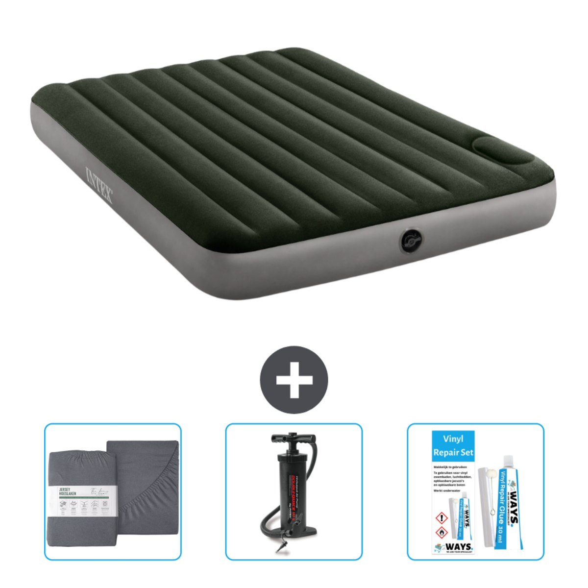 Donkergroene luchtmatras met reparatieset, grijze lakens en een pomp.