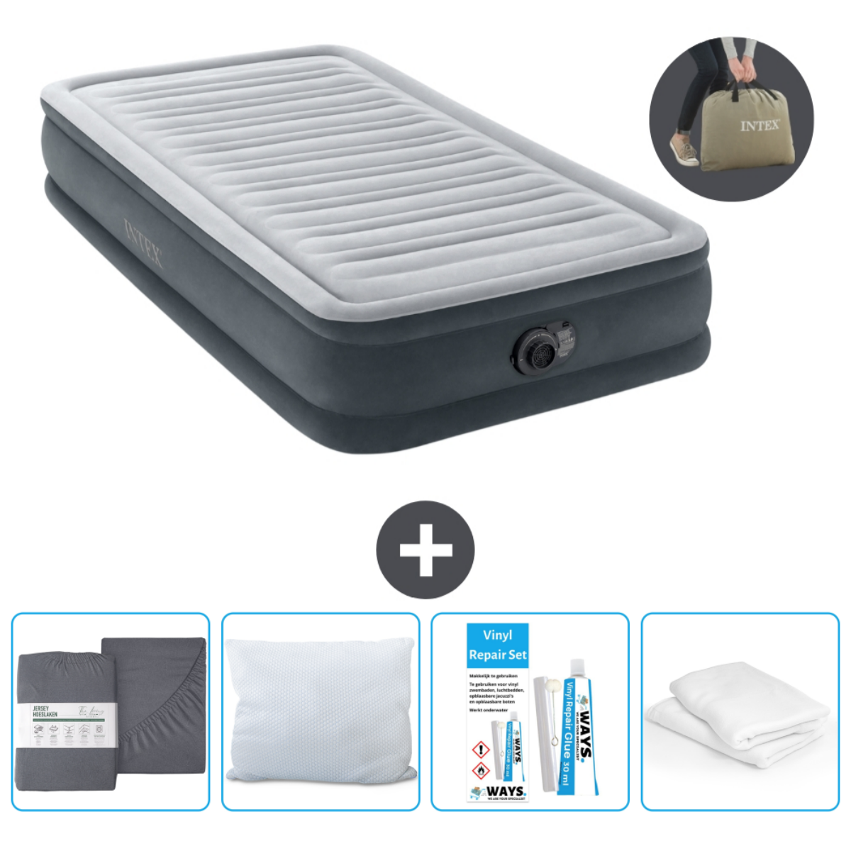 Matelas gonflable gris avec dessus blanc, draps, oreiller, kit de réparation. Personne avec sac.