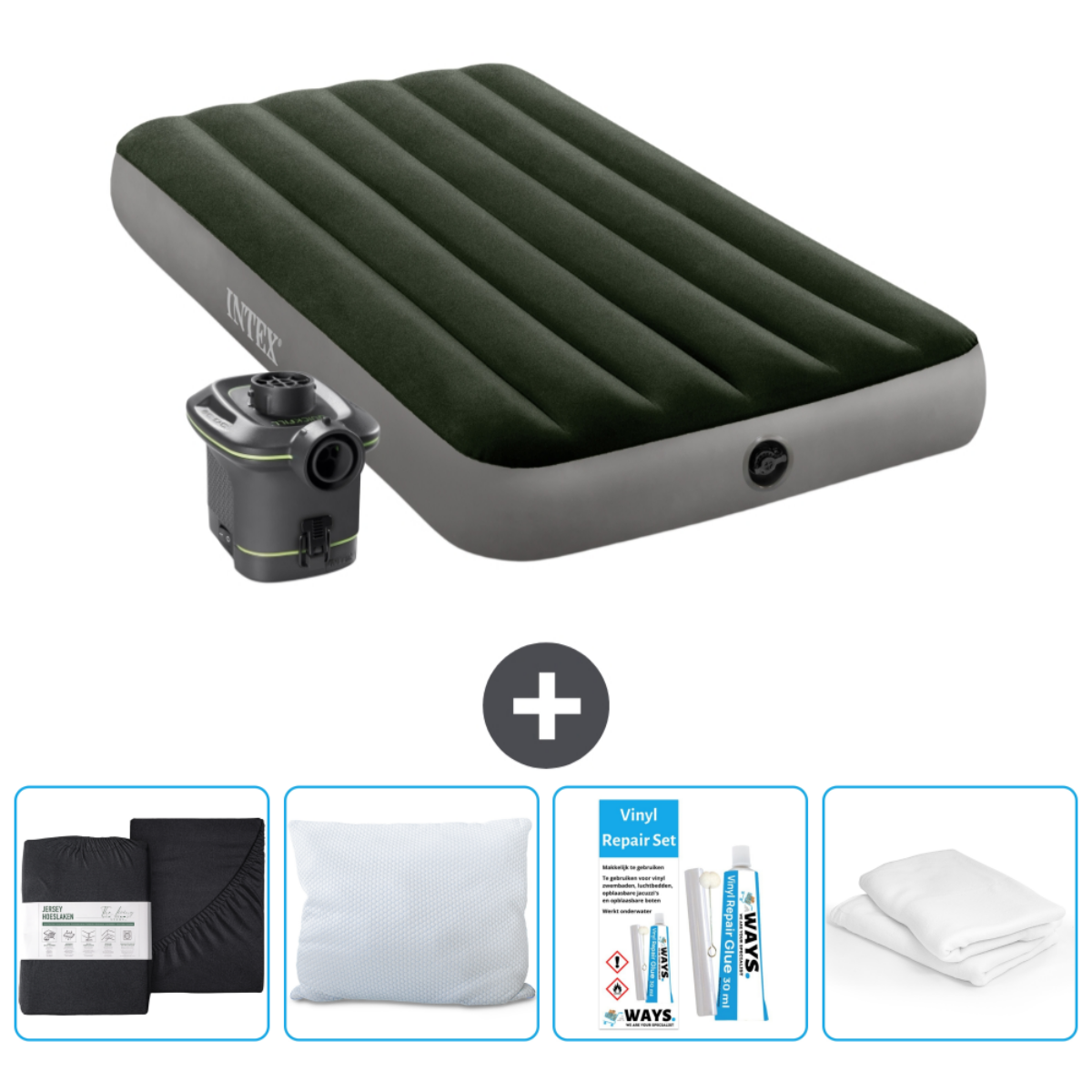 Matelas gonflable, kit de réparation, pompe, oreillers et ensemble de literie. Matelas vert foncé avec base grise.