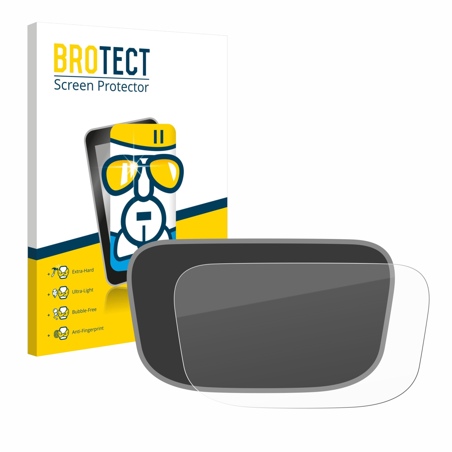 Box mit Displayschutz. Es zeigt ein Telefon mit einem Cartoon-Gesicht mit Brille.