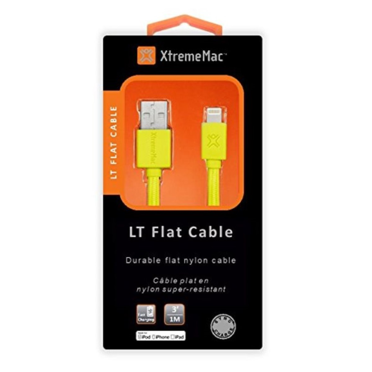 Ein gelbes Flachkabel mit USB- und Lightning-Anschlüssen, verpackt in einer schwarz-orangenen Box.