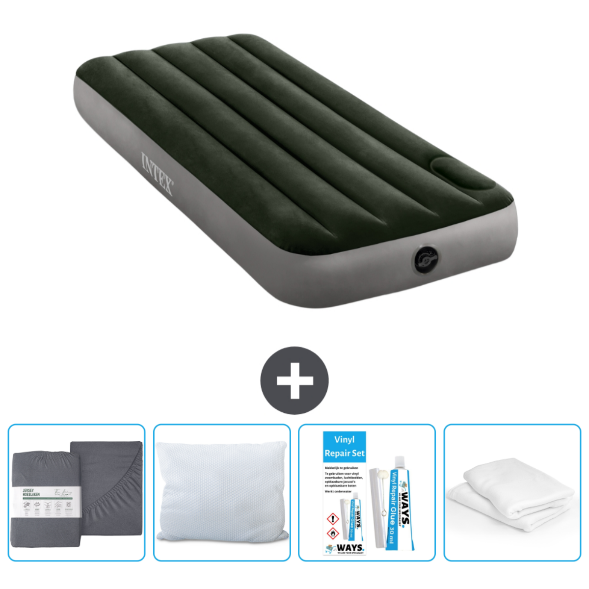 Ensemble lit gonflable Intex vert foncé avec draps, oreiller et kit de réparation.