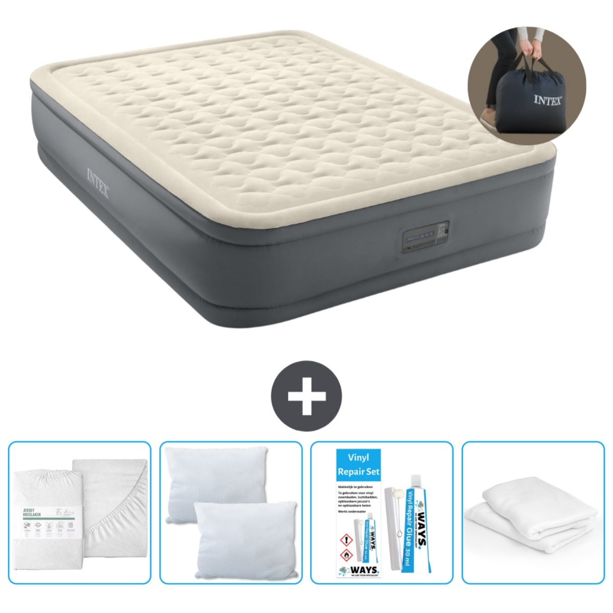Opblaasbed met pomp, beddengoed, kussens en reparatieset. Inclusief een vrouw met een tas.