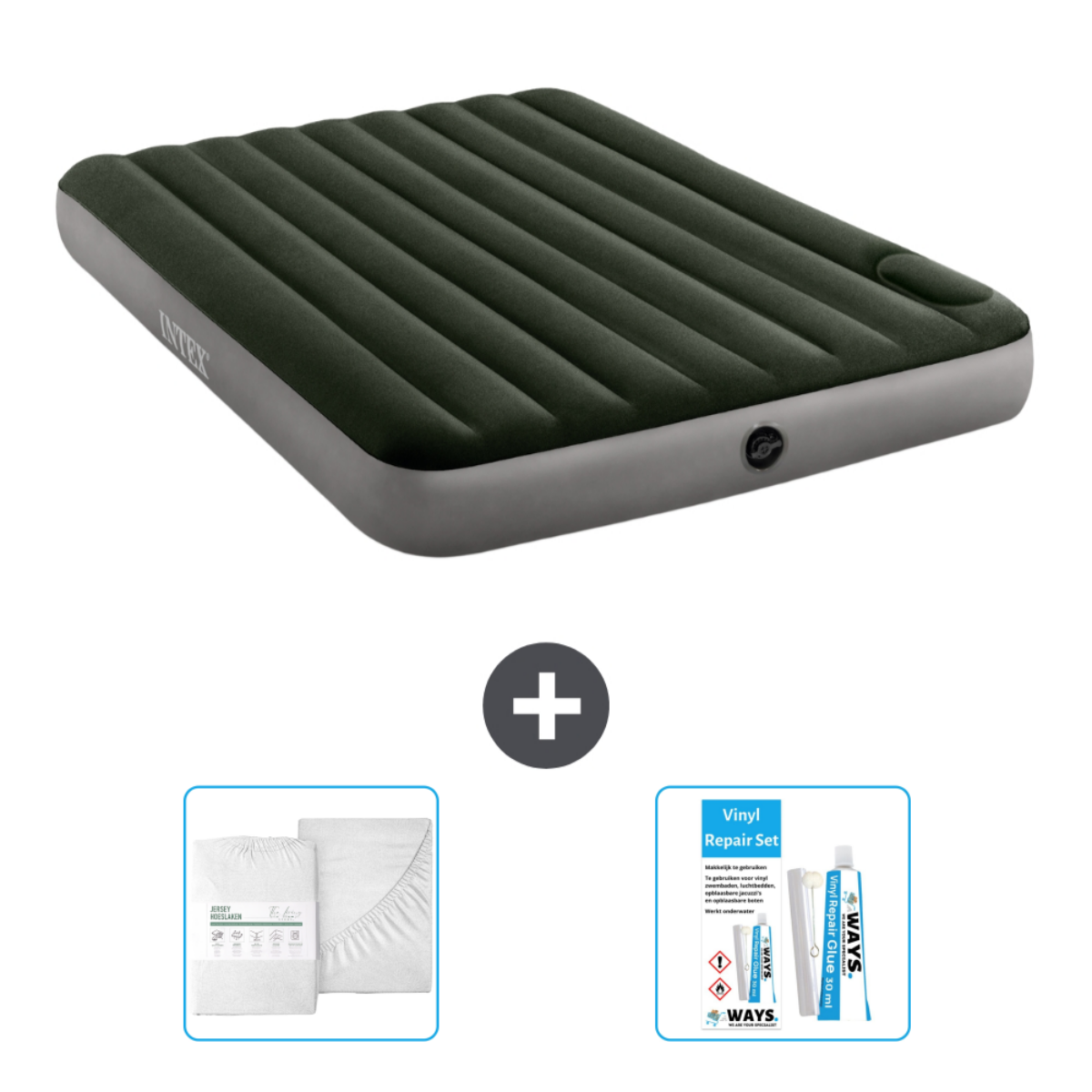 Een donkergroen luchtbed met accessoires: lakenset en vinylreparatieset.