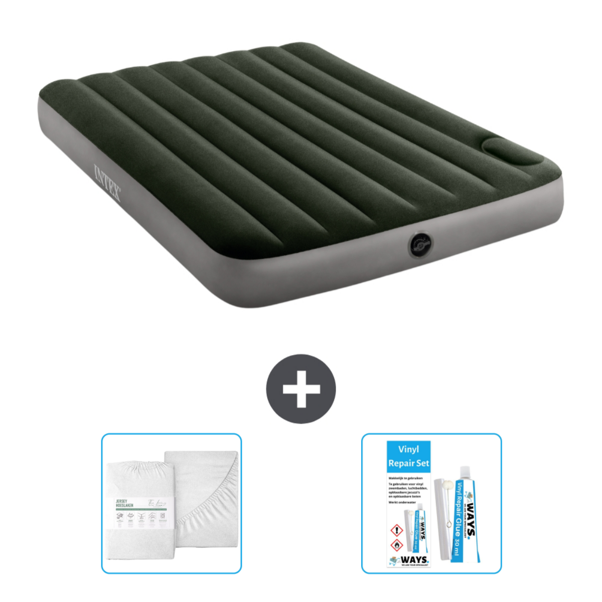 Lit pneumatique vert avec accessoires. Inclut un drap, kit de réparation.