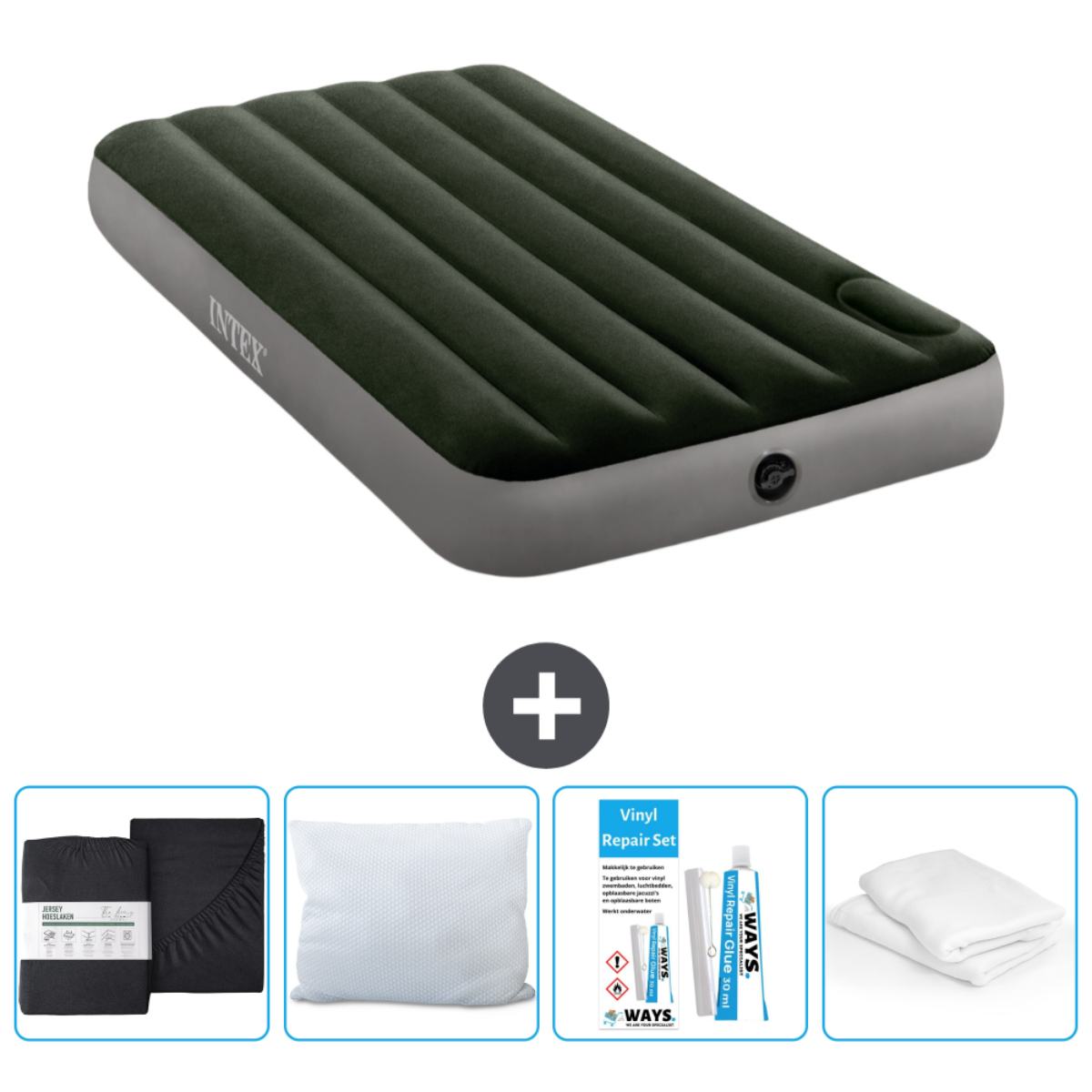 Donkergroen opblaasbaar luchtbed, lakens, kussen, reparatieset. Alle items op een wit oppervlak.