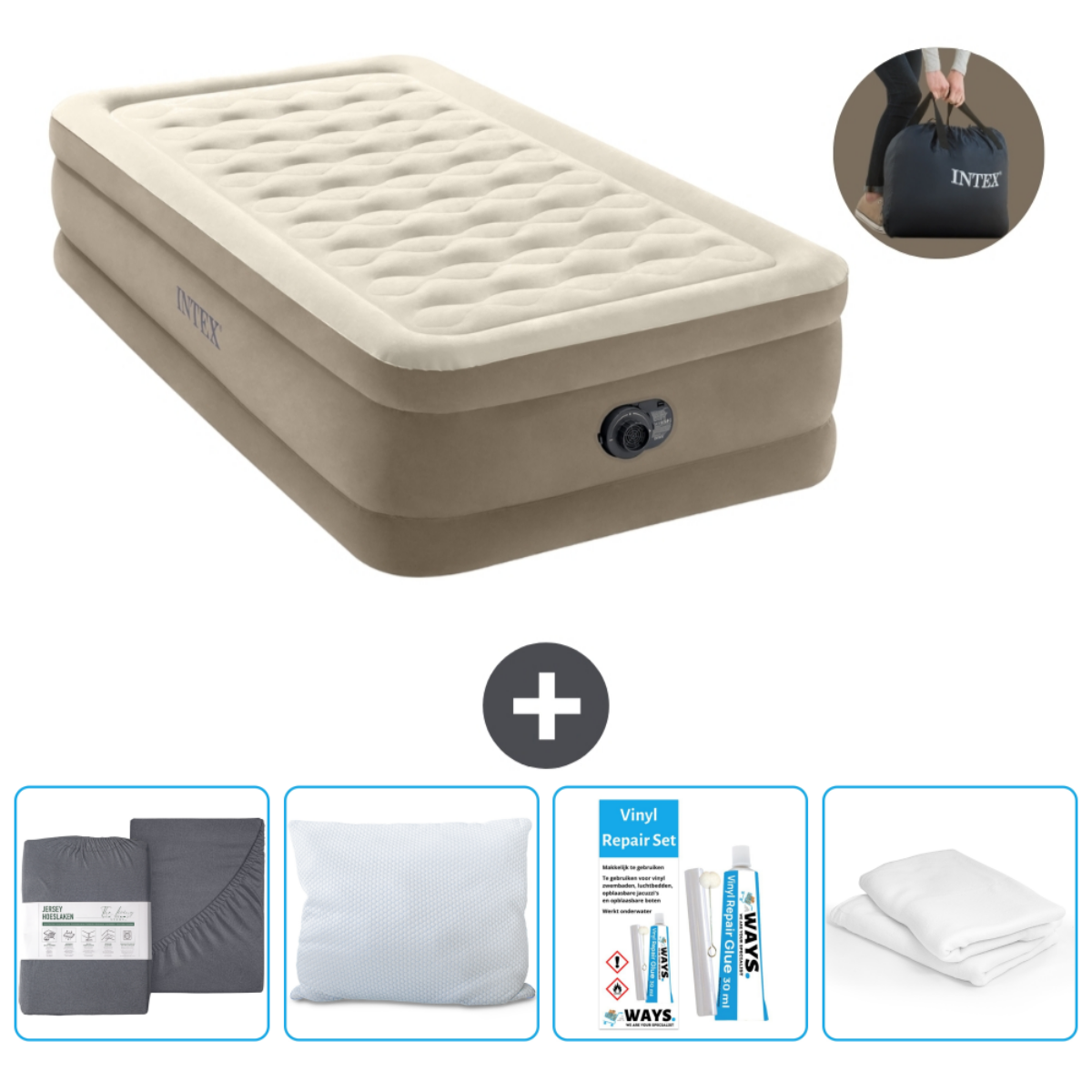 Beige en bruine Intex luchtmatras met accessoires: lakens, kussen en reparatieset.