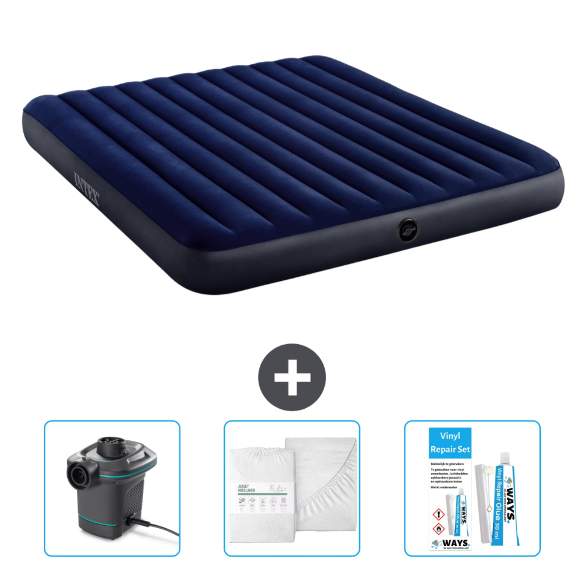 Matelas gonflable, kit de réparation, pompe et ensemble de literie. Matelas bleu avec pompe noire et draps blancs.