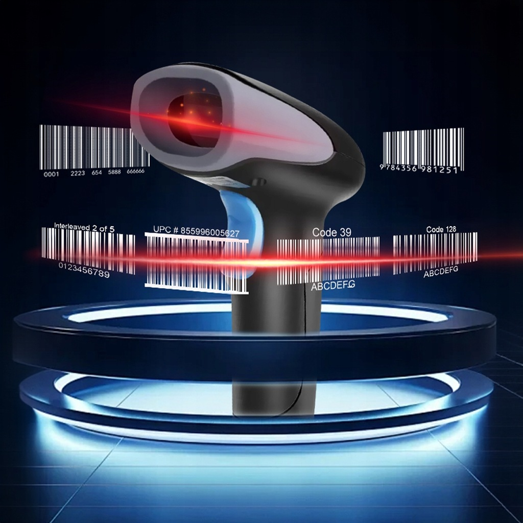 Czarny skaner kodów kreskowych z wieloma kodami kreskowymi w tle.