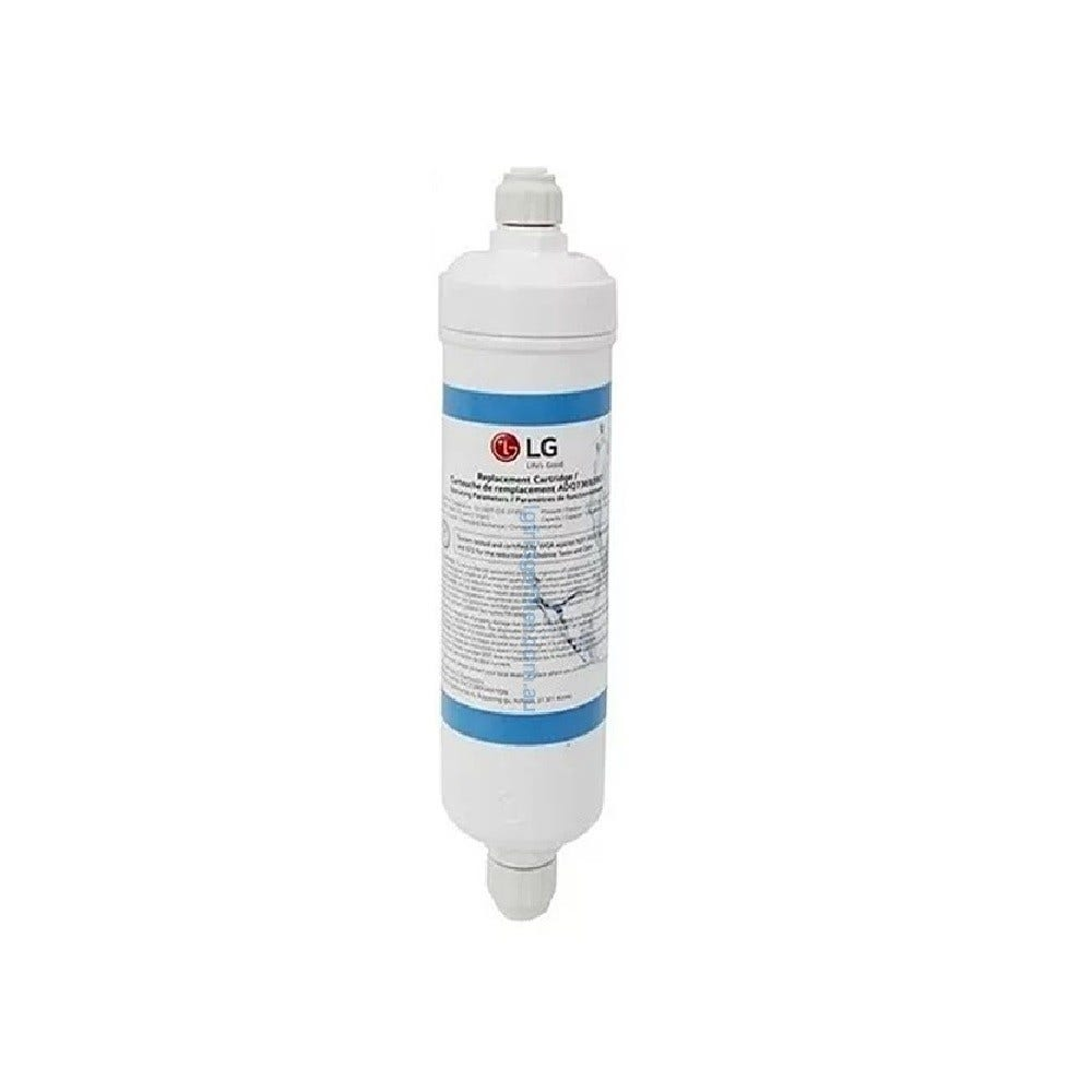 Weißer Wasserfilter mit blauem Etikett und Text.