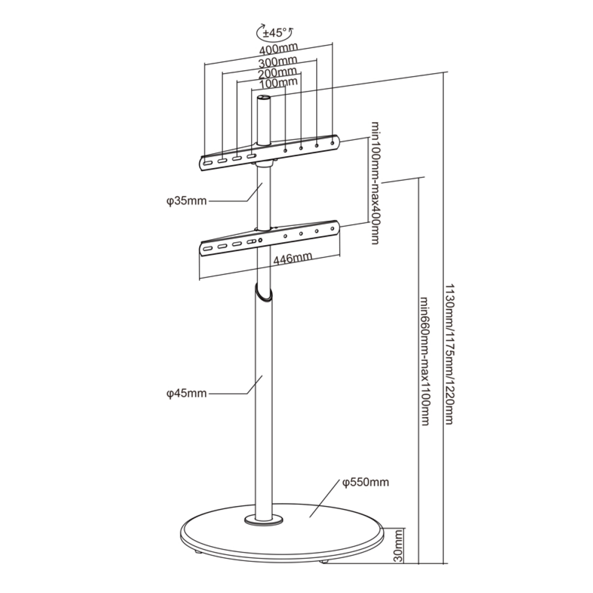 Een technische tekening van een tv-standaard met afmetingen.