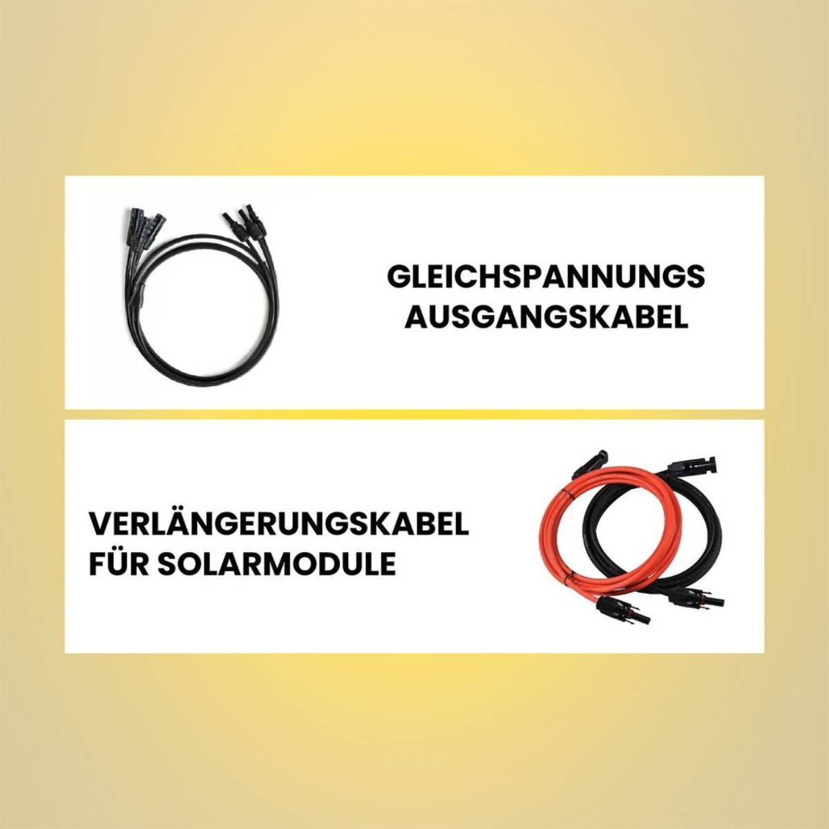 Zwei weiße Rechtecke mit schwarzem Text und Kabelbildern auf gelbem Hintergrund.
