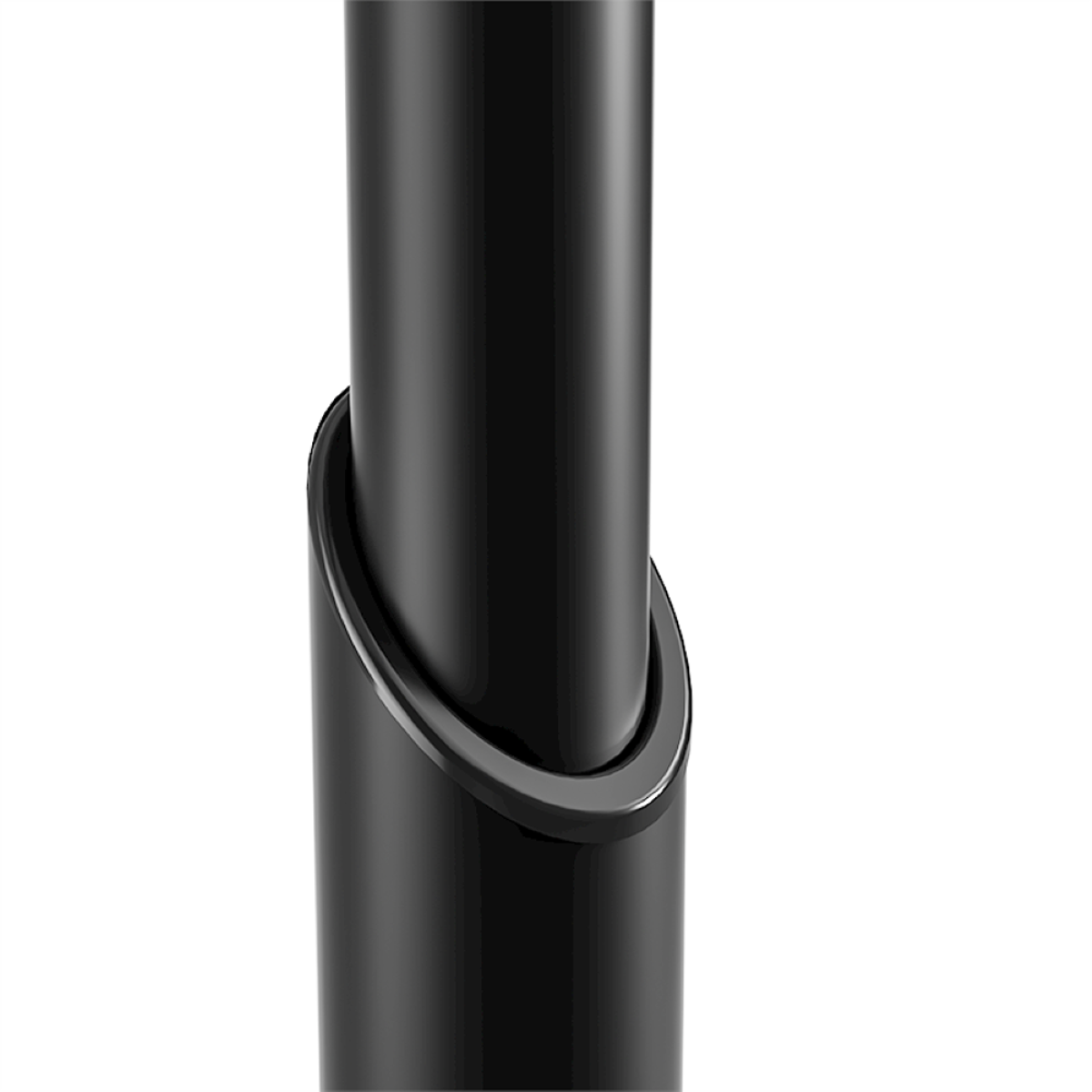 A close-up view of a black metal pole with a curved accent ring.