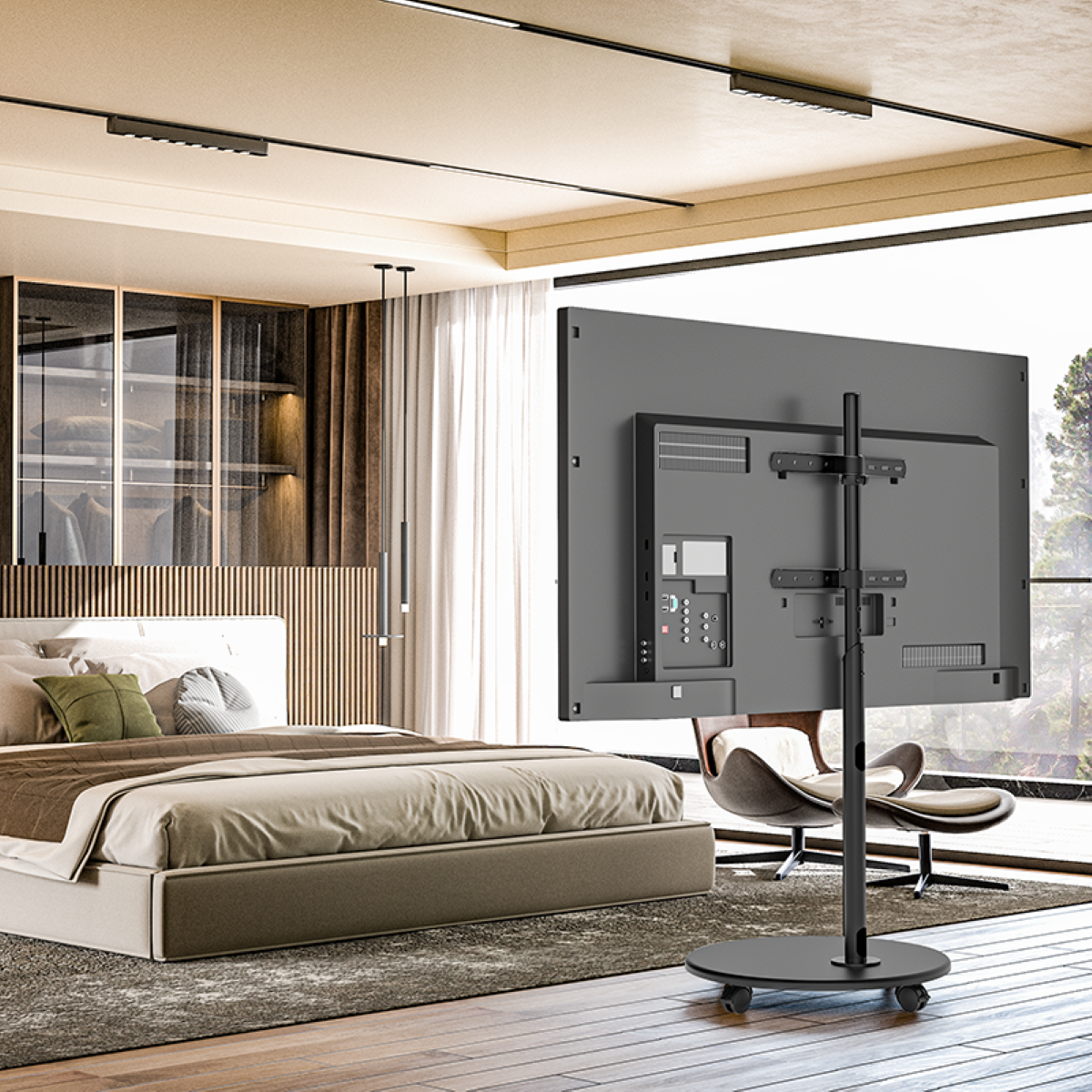 Modern bedroom with a large TV mounted on a rolling stand.