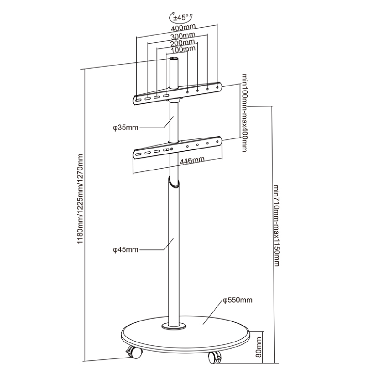 Diagram of a TV stand with dimensions, including height and width.