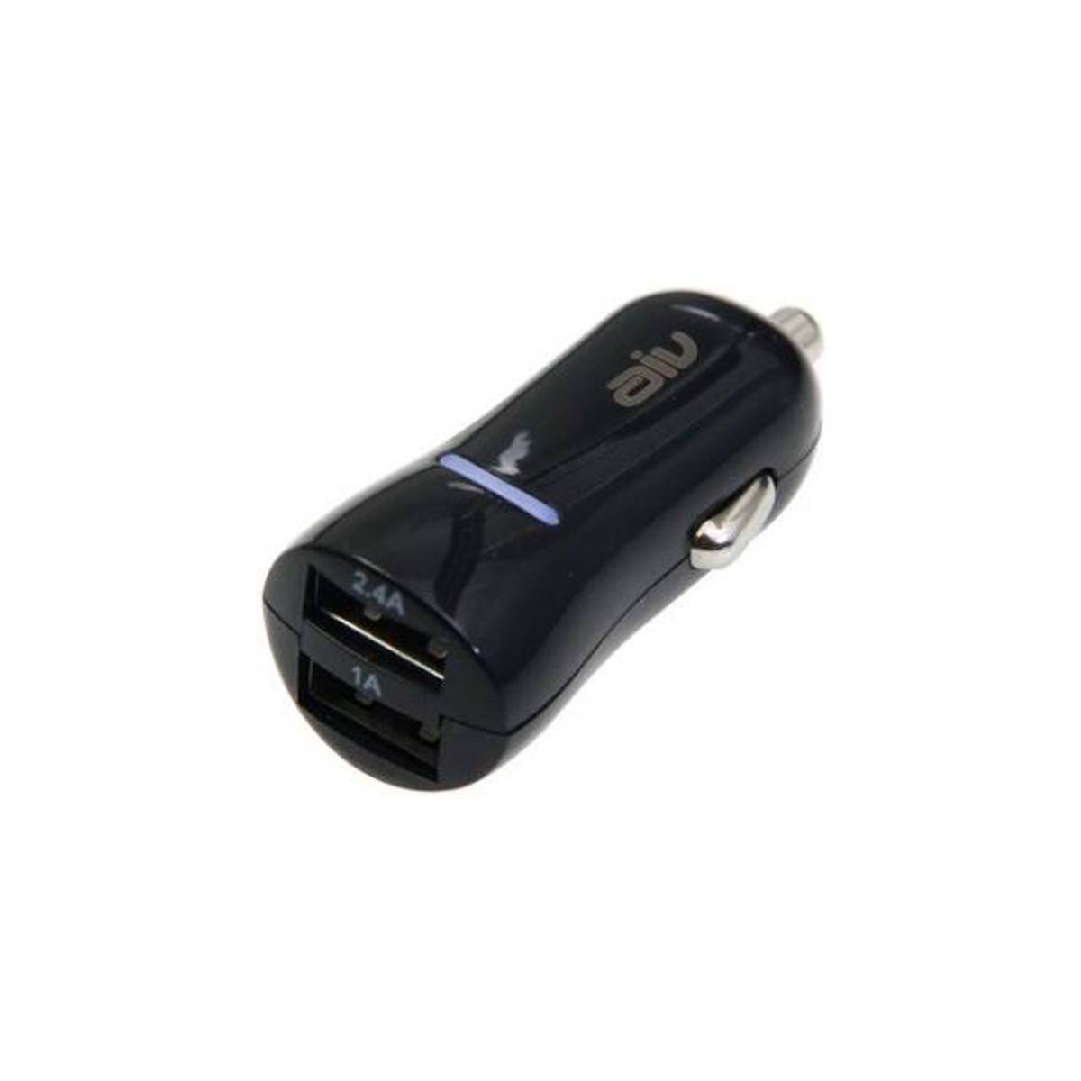Ein schwarzes Autoladegerät mit zwei USB-Anschlüssen auf weißem Hintergrund.
